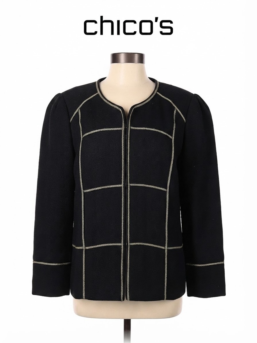 Chico's Black Jacket with Cream Grid Stitching Size 3